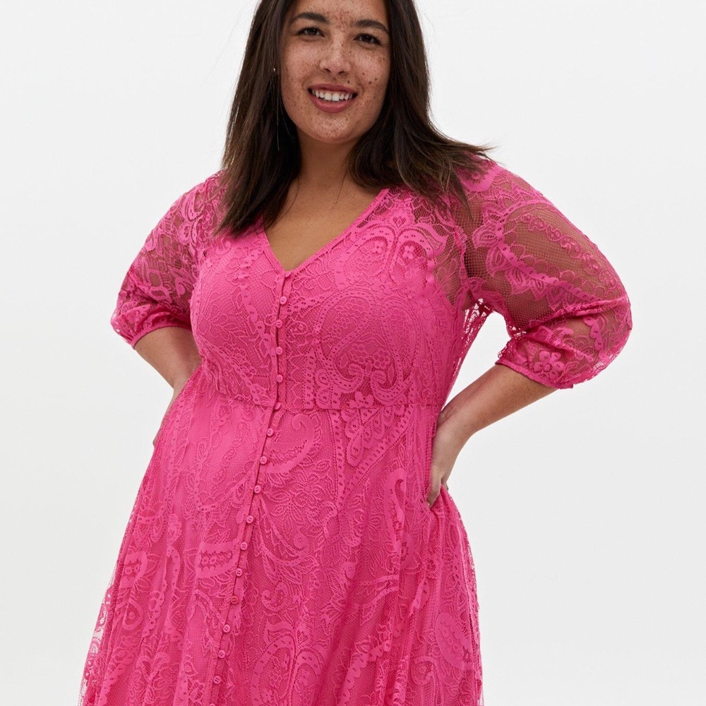 Hot pink lace button front skater dress Torrid 1